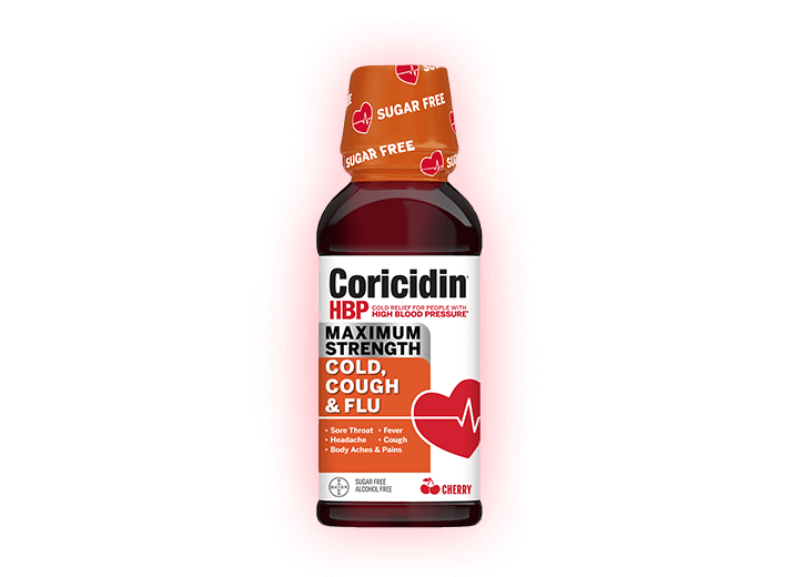 bottle of Coricidin HBP Maximum Strength Cold, Cough & Flu Liquid