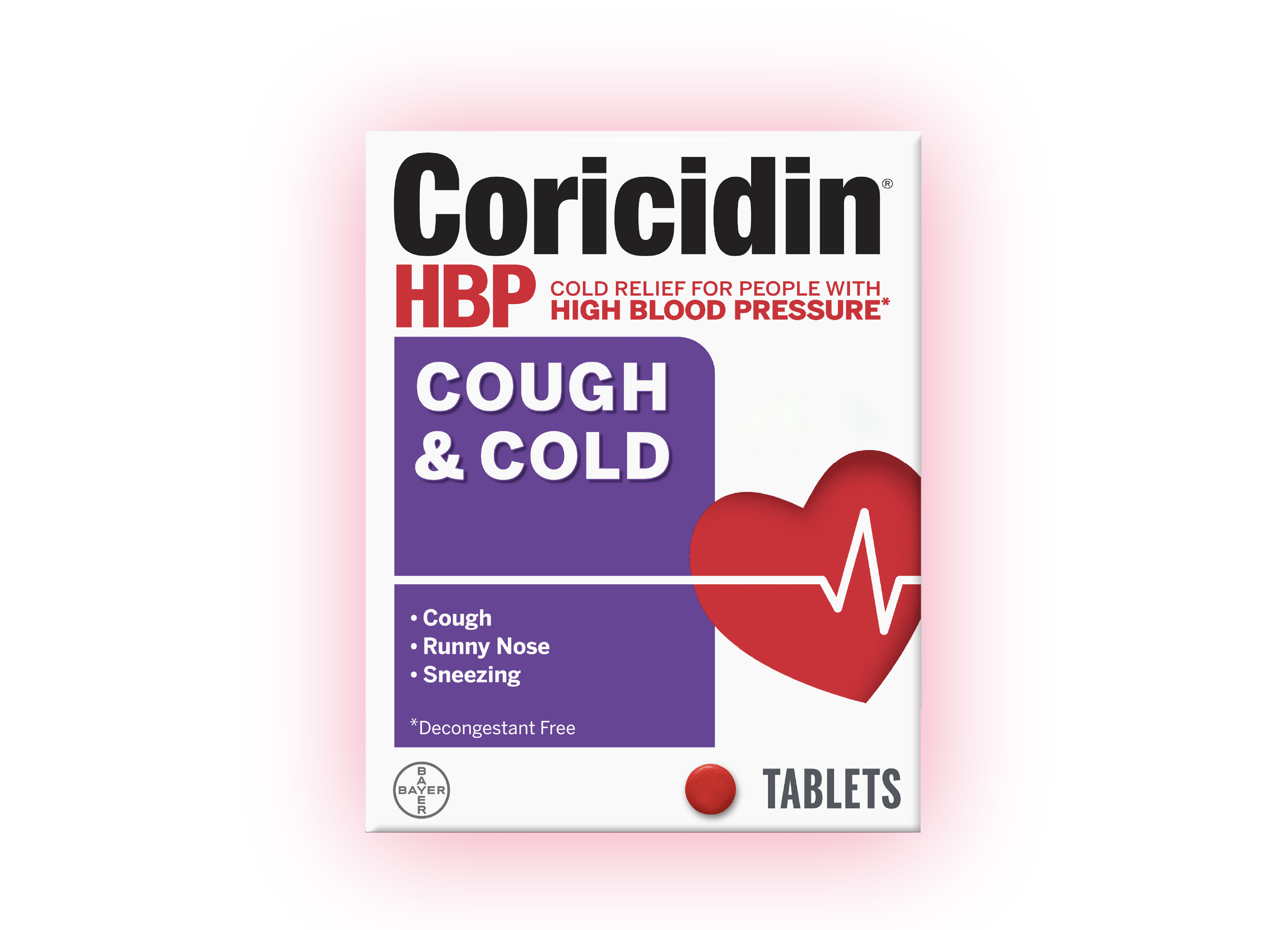Pack of Coricidin® HBP Cough & Cold medicine with the label which says that it provides cold relief for people with high blood pressure* and relieves cough, runny nose, and sneezing. The pack features a red heart with a heartbeat line and a red tablet icon. The text on the pack also says that it's a *Decongestant free medicine.