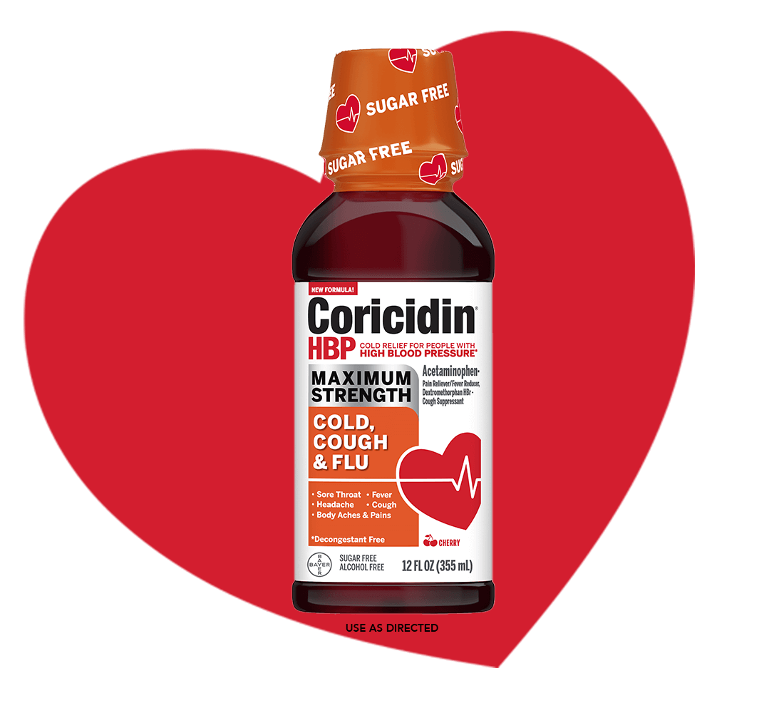 bottle of Coricidin® HBP Maximum Strength Cold, Cough & Flu liquid